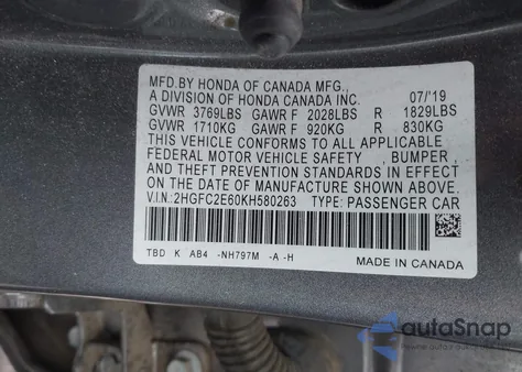 2019 Honda Civic Lx z USA, uszkodzony, nr VIN 2HGFC2E60KH580263